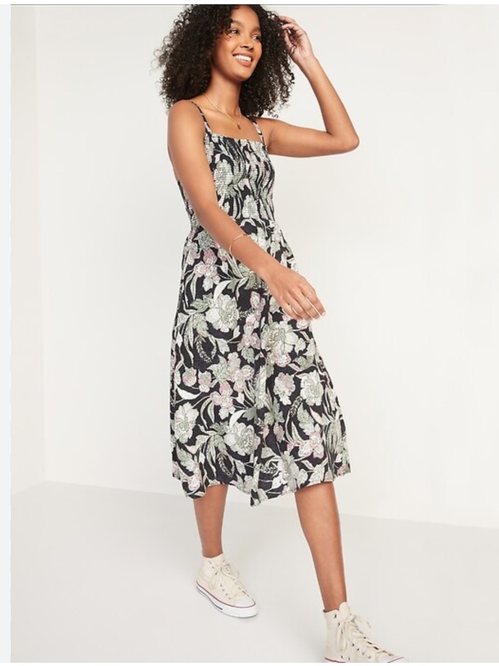 Old Navy Cami Black Floral Smocked Midi Sun Dress. Size XS.